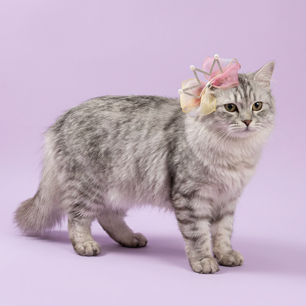 Silver tabby wearing the yellow-and-pink crown bow