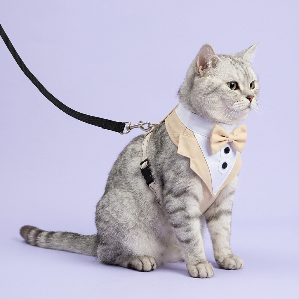 Silver tabby with a back-attached black leash