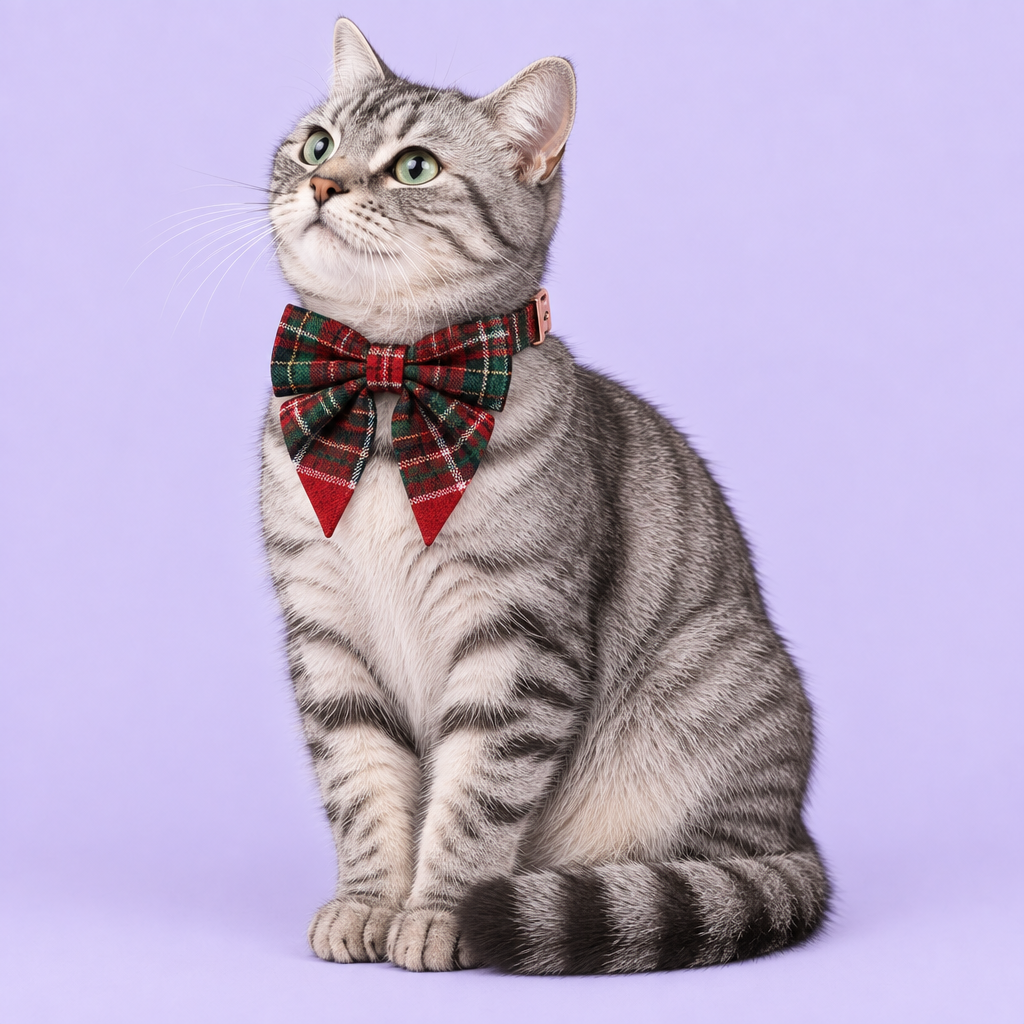 Silver tabby with red tartan bow