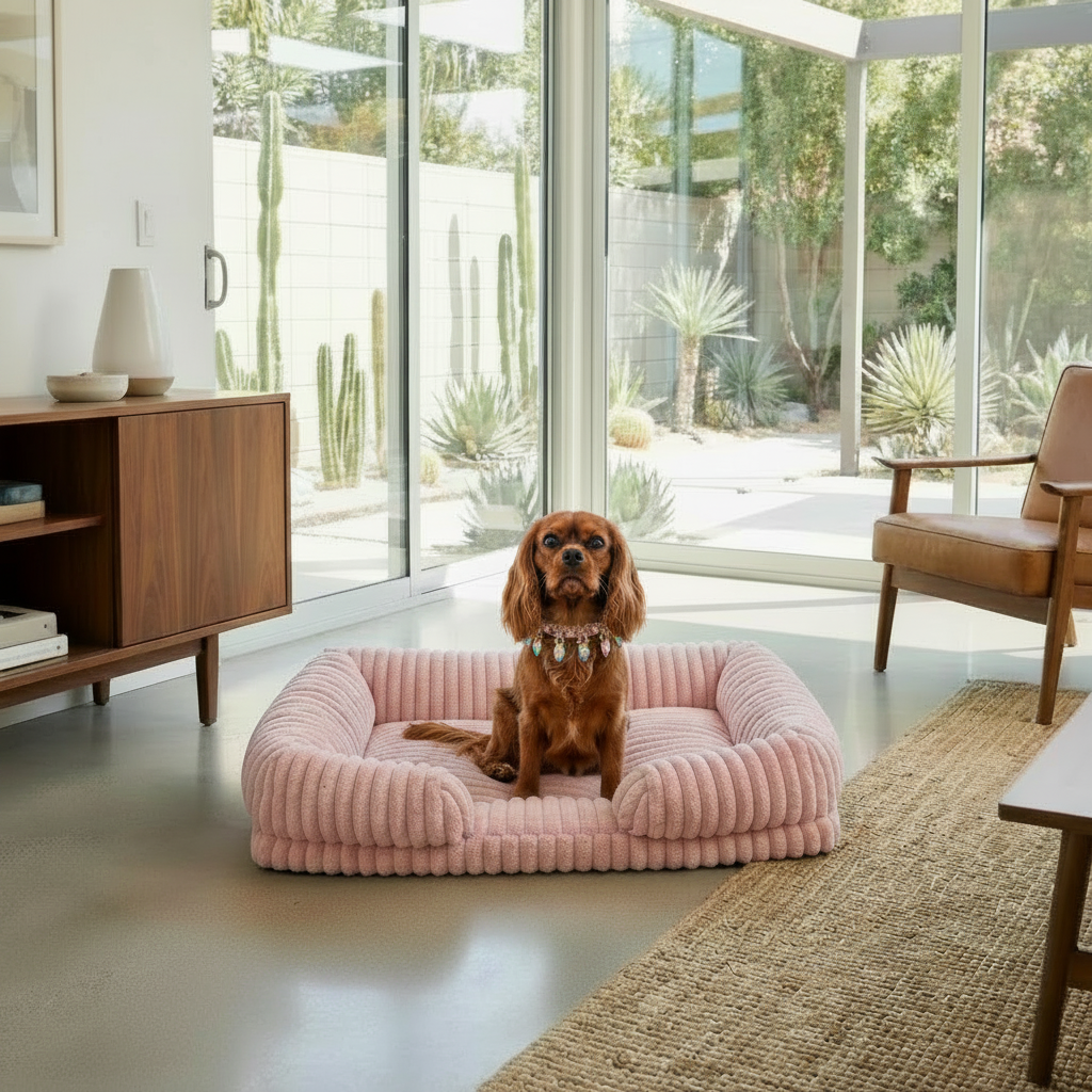 Ruby Cavalier King Charles Spaniel wearing a multicolour gemstone collar sitting upright in a blush pink chunky corduroy pet bed in a bright mid-century modern living room with floor-to-ceiling glass windows overlooking a desert garden with cacti and agave.