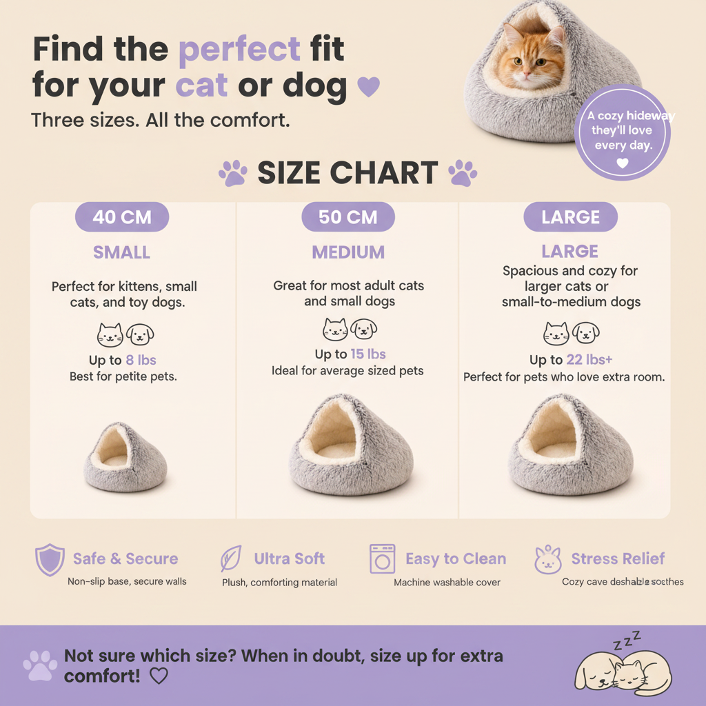 Size chart for hooded cave pet beds showing three sizes — Small 40cm for pets up to 8 lbs, Medium 50cm for pets up to 15 lbs, and Large for pets up to 22 lbs