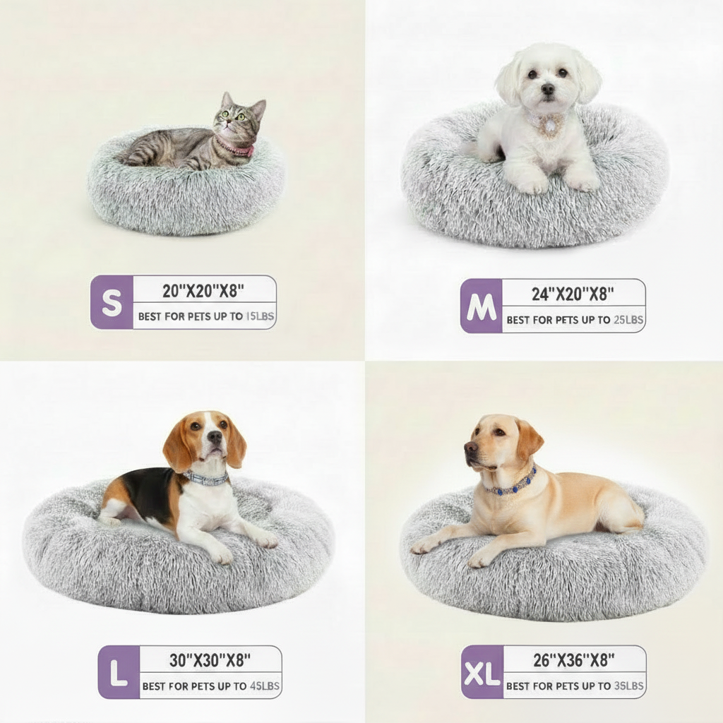 Size guide for a light grey long shaggy faux fur round donut pet bed showing four sizes with pets: Small 20x20x8 inches for pets up to 15 lbs shown with a tabby cat, Medium 24x20x8 inches for pets up to 25 lbs shown with a small white dog, Large 30x30x8 inches for pets up to 45 lbs shown with a Beagle, and XL 26x36x8 inches for pets up to 35 lbs shown with a Labrador Retriever