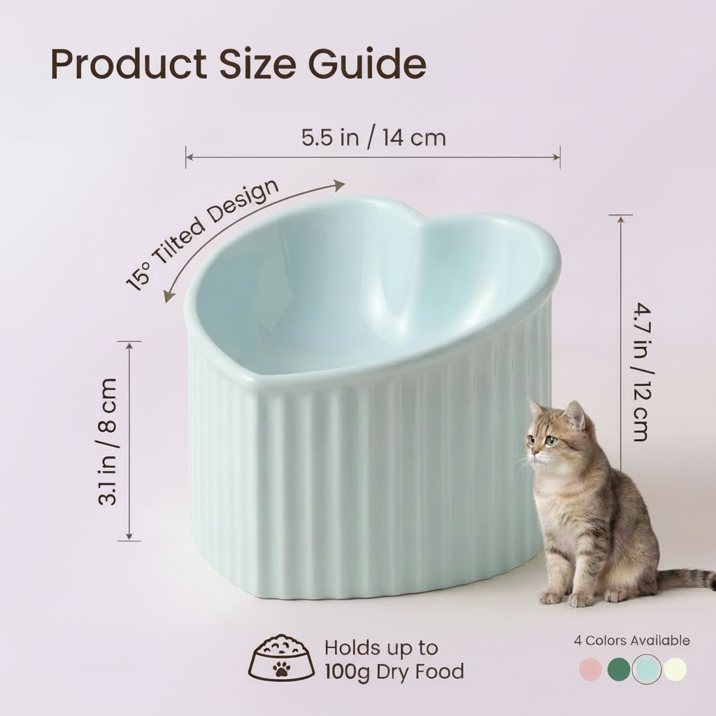 Product size guide infographic for a mint blue ceramic heart-shaped pet bowl with ribbed exterior, showing dimensions of 5.5in wide, 4.7in tall, 3.1in deep, 15-degree tilted design, holds up to 100g dry food, available in 4 colors, with a tabby cat sitting beside it, lavender background
