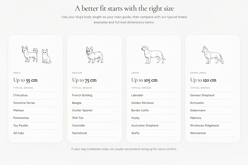 `Pet bed size guide showing four sizes — Small (up to 55 cm), Medium (up to 75 cm), Large (up to 105 cm), and Extra Large (up to 120 cm) — with breed examples including Chihuahua, French Bulldog, Labrador, and German Shepherd, plus all cats in the Small size.`