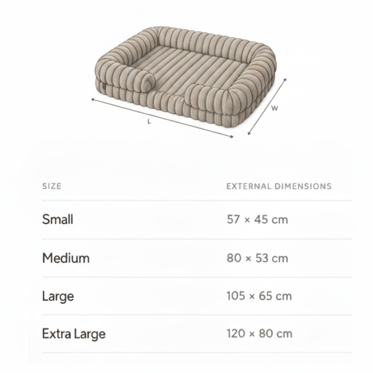 Corduroy pet bed size guide on a white background showing external dimensions for four sizes: Small 57×45 cm, Medium 80×53 cm, Large 105×65 cm, and Extra Large 120×80 cm, with a length and width diagram above.