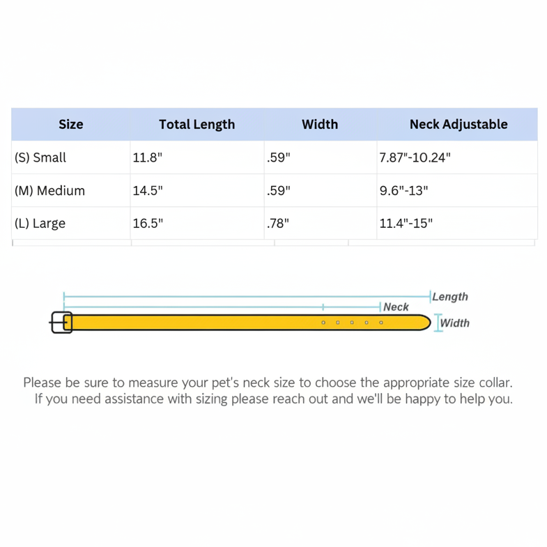 Pet collar sizing chart with measurement guide on a white background