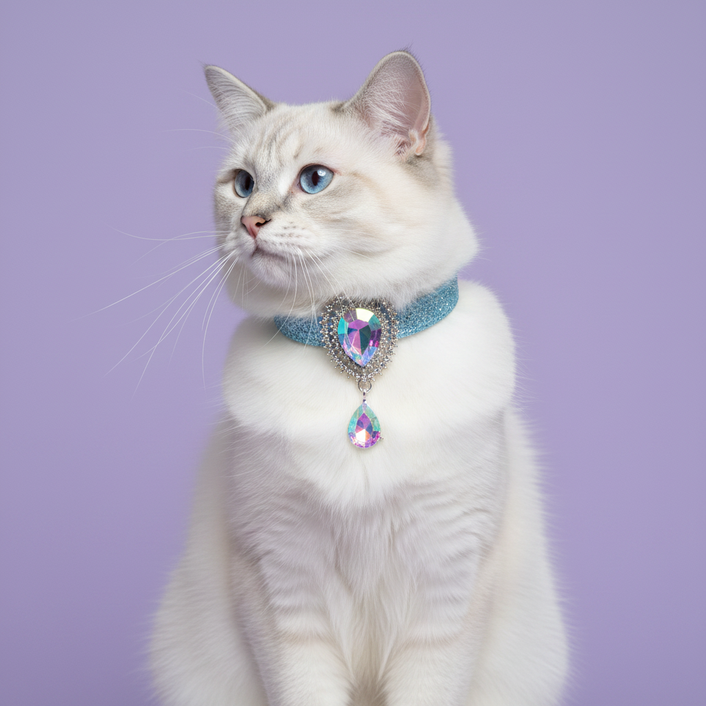 White Ragdoll cat with blue eyes sitting upright in a three-quarter pose gazing upward wearing a sky blue glitter breakaway cat collar with an AB crystal teardrop centerpiece surrounded by a double sunburst rhinestone halo and a dangling AB teardrop pendant set in silver