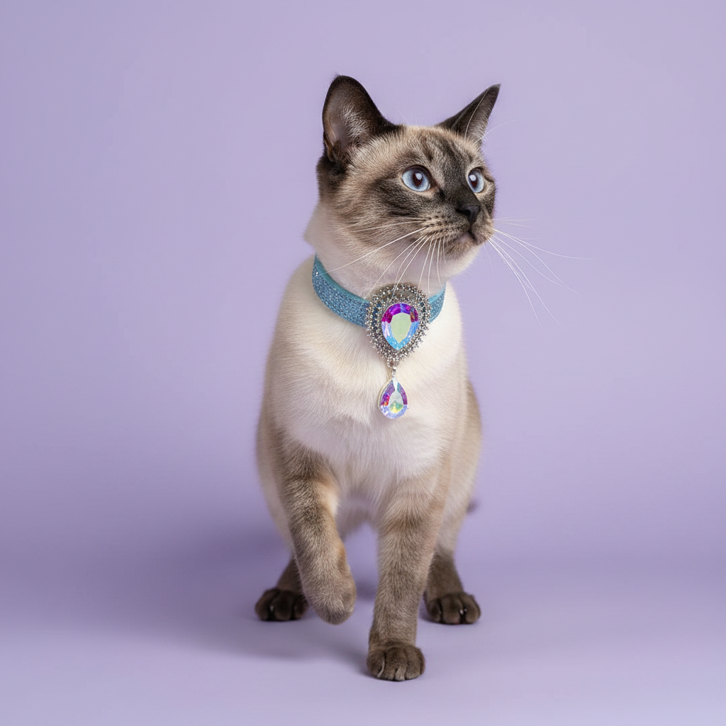Siamese cat with blue eyes mid-prance with one paw raised and gazing upward wearing a sky blue glitter breakaway cat collar with an AB crystal oval centerpiece and a dangling AB teardrop pendant set in silver