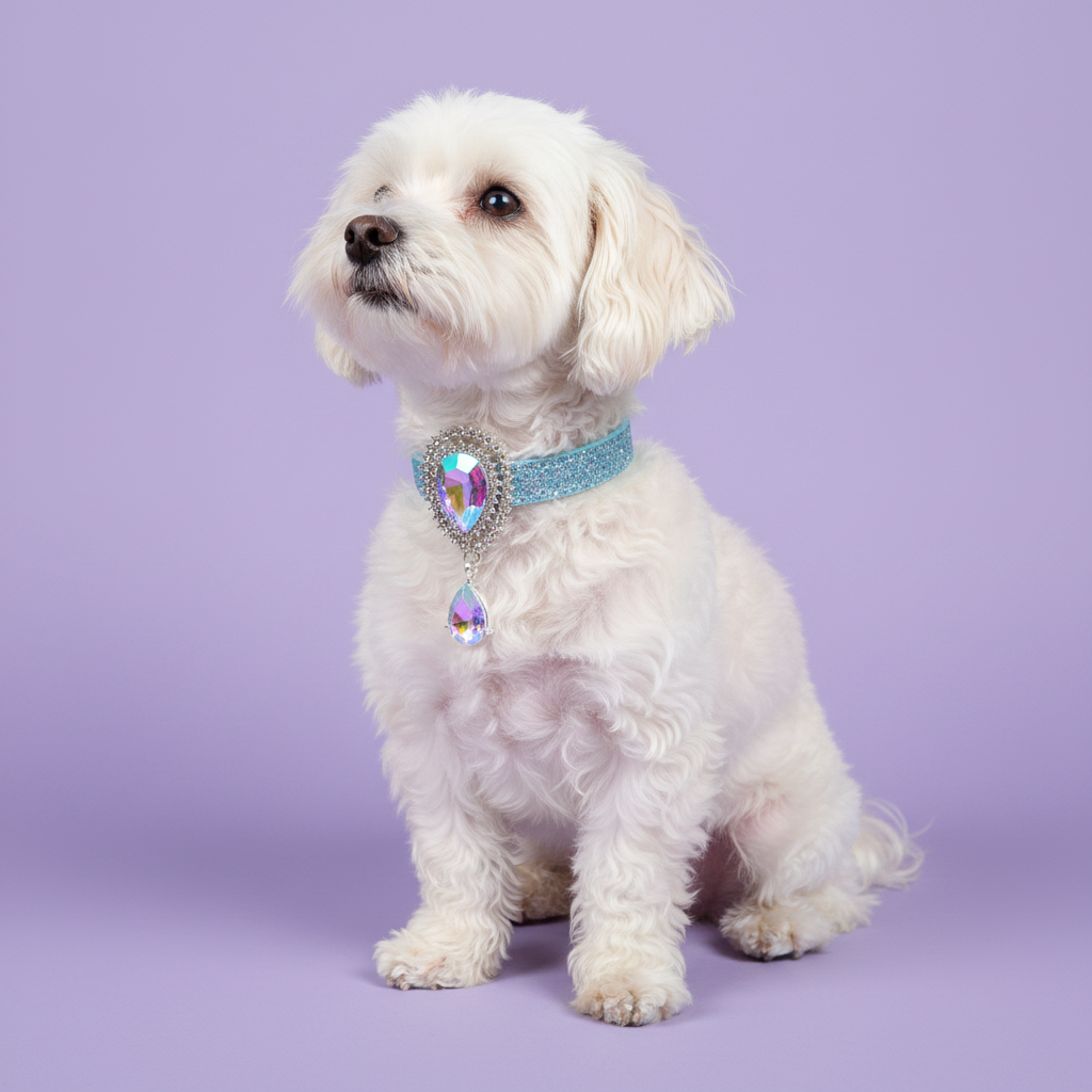 White Maltese sitting upright in a three-quarter pose gazing upward wearing a sky blue glitter dog collar with an AB crystal teardrop centerpiece and a dangling AB teardrop pendant set in silver