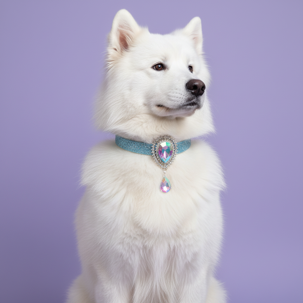 White Samoyed sitting upright in a three-quarter pose gazing to the side wearing a sky blue glitter dog collar with an AB crystal oval centerpiece and a dangling AB teardrop pendant set in silver