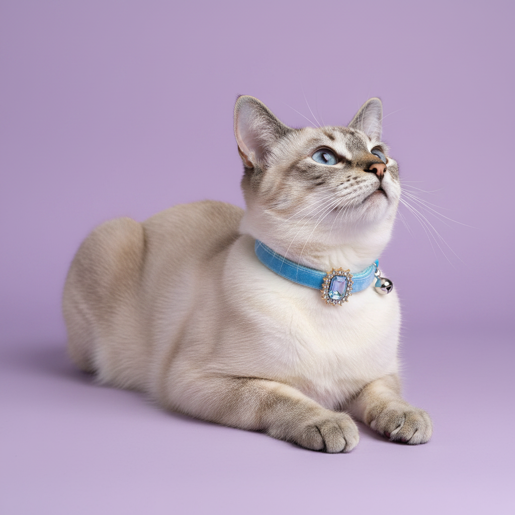 Siamese cat lounging with paws stretched forward and gazing upward wearing a sky blue velvet breakaway cat collar with a rectangular blue emerald crystal pendant surrounded by rhinestones and a small silver bell