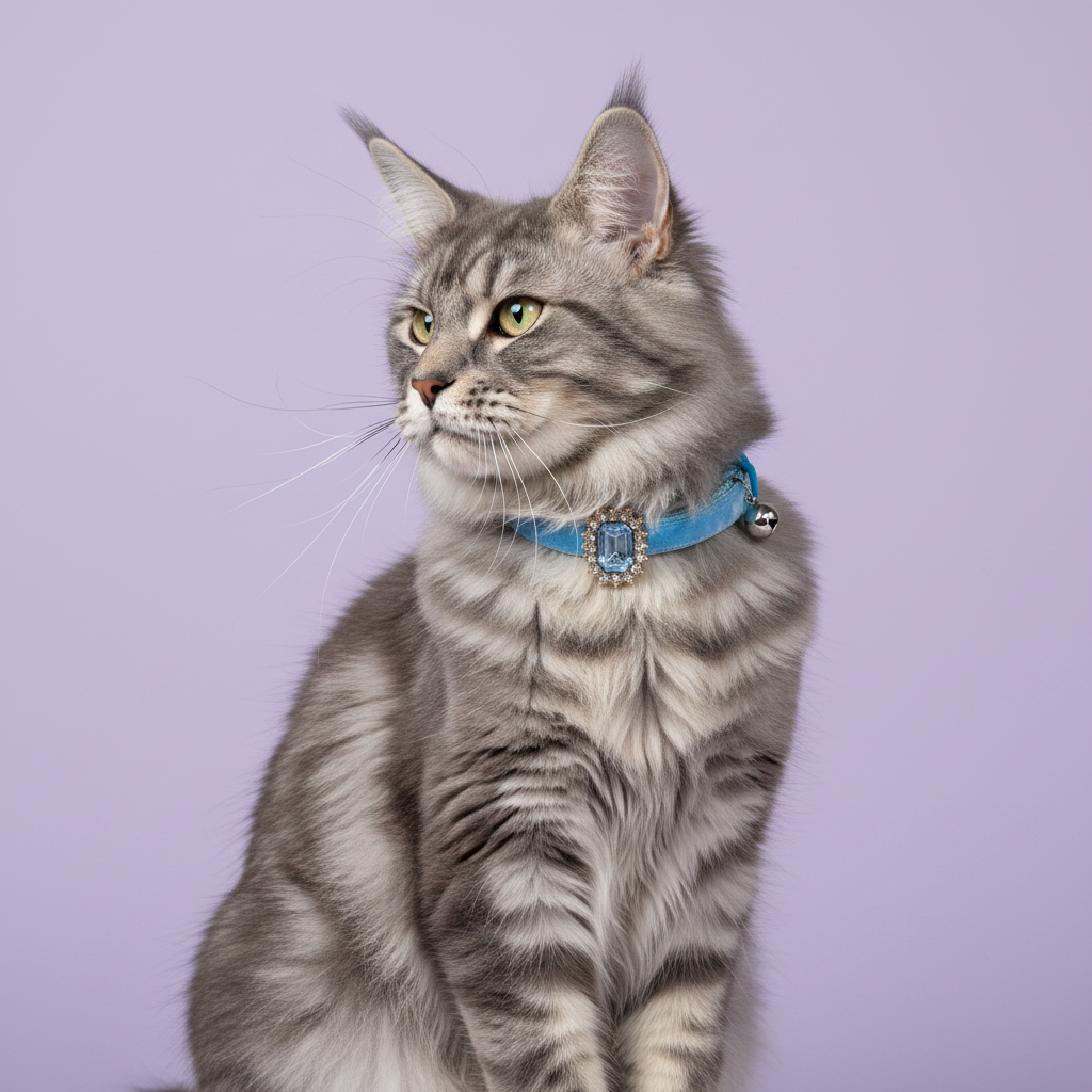 Grey tabby Maine Coon sitting upright in a three-quarter pose glancing back over the shoulder wearing a sky blue velvet breakaway cat collar with a rectangular aquamarine crystal pendant surrounded by rhinestones and a small silver bell