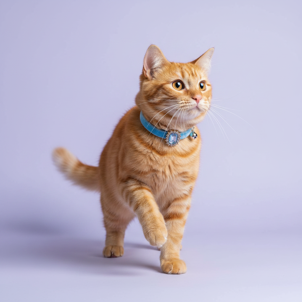 Orange tabby cat mid-prance with one paw raised and gazing upward wearing a sky blue velvet breakaway cat collar with a rectangular aquamarine crystal pendant surrounded by rhinestones and a small silver bell