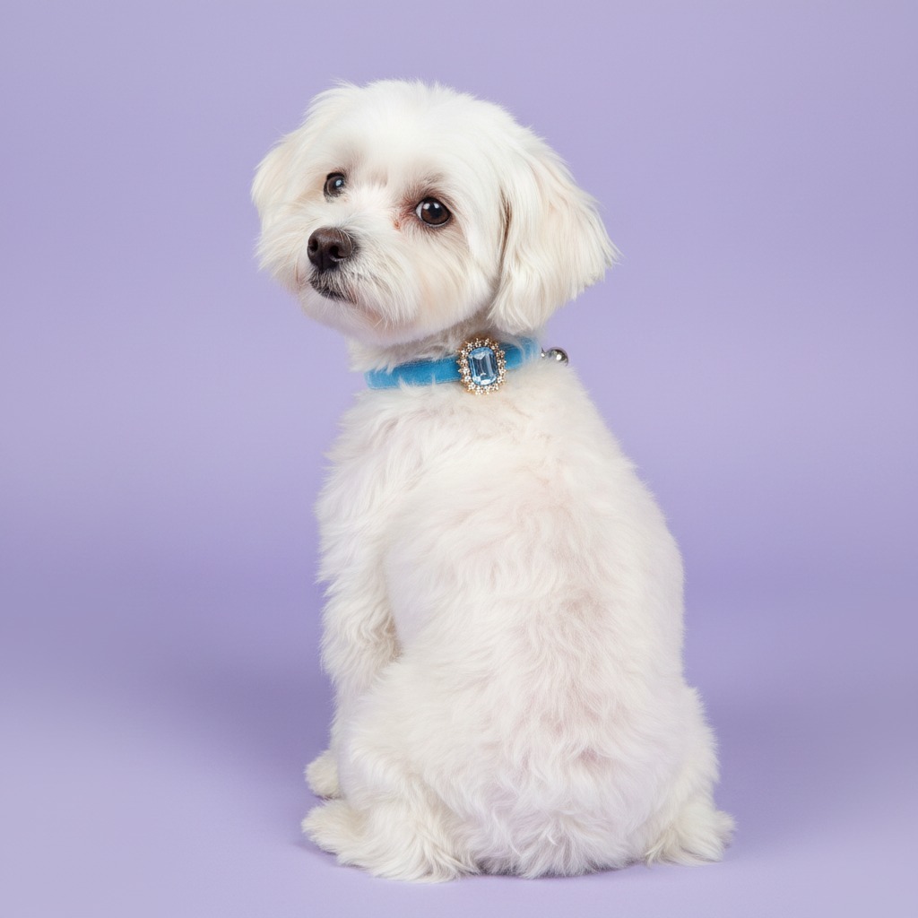 White Maltese sitting upright in a three-quarter pose glancing back over the shoulder wearing a sky blue velvet dog collar with a rectangular aquamarine crystal pendant surrounded by rhinestones and a small silver bell