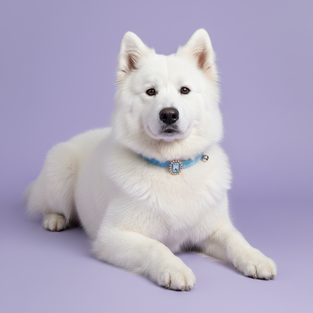 White Samoyed lounging with paws stretched forward and facing the camera wearing a sky blue velvet dog collar with a rectangular aquamarine crystal pendant surrounded by rhinestones and a small silver bell