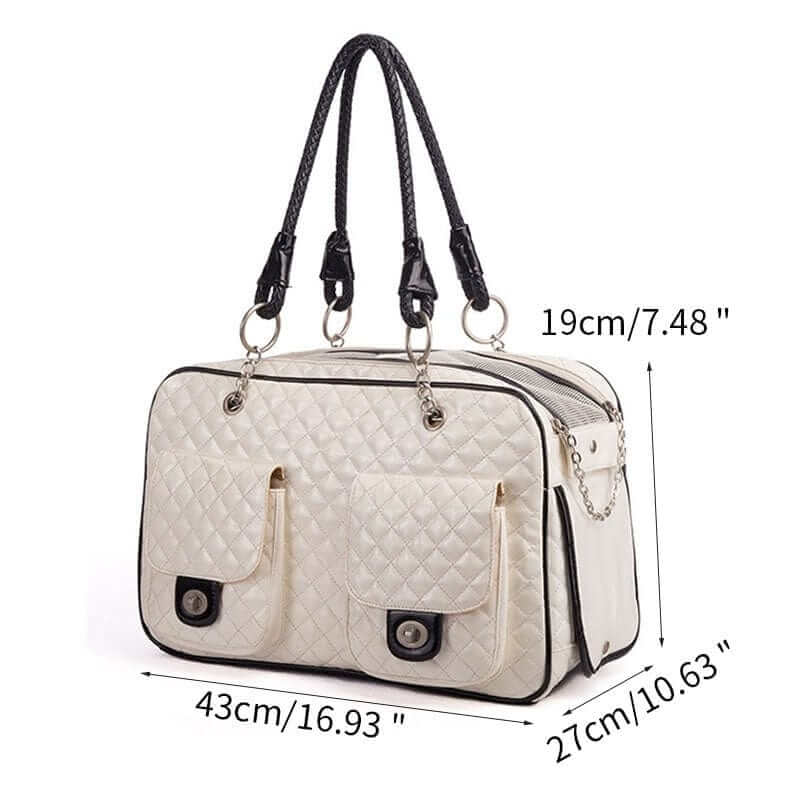 White quilted pet carrier with black accents and measurements on a white background