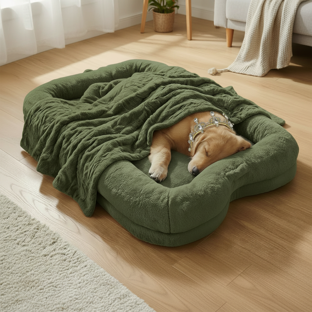 Golden Retriever wearing a crystal rhinestone collar sleeping under a faux fur blanket on an oversized olive green plush human-sized dog bed with bone-shaped bolster sides in a cozy living room