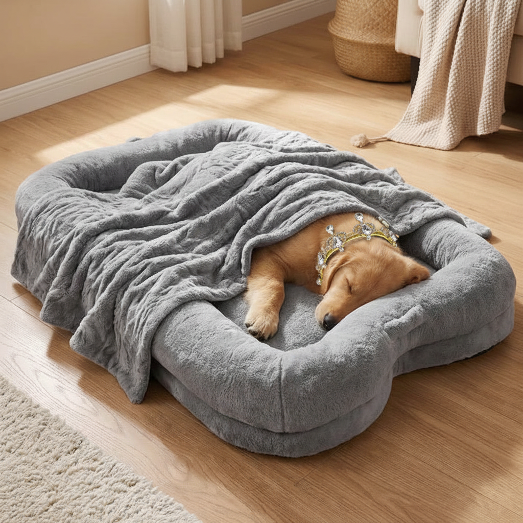 Golden Retriever wearing a gold crystal rhinestone collar sleeping under a faux fur blanket on an oversized grey plush human-sized dog bed with bone-shaped bolster sides in a cozy living room
