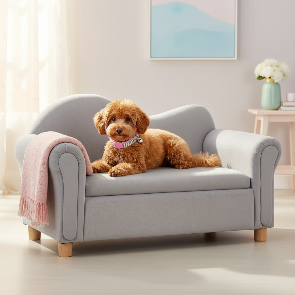 Small apricot toy poodle using half of the 33-inch loveseat while wearing the exact pink rhinestone collar