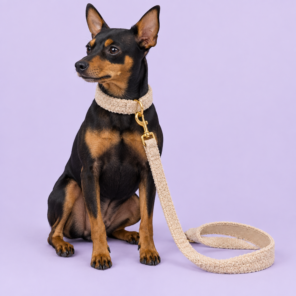 Small black-and-tan dog wearing beige teddy fleece set