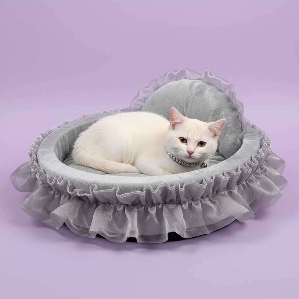 White cat wearing a silver crystal and bell collar resting in a silver grey velvet heart-shaped ruffle pet bed with matching sheer chiffon ruffle trim, front-facing view, lavender background
