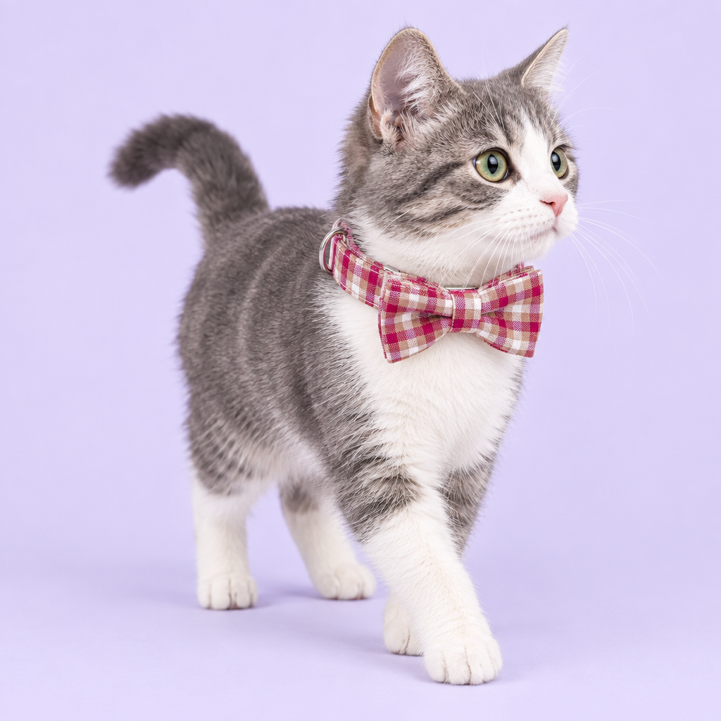 Small cat wearing the red plaid collar