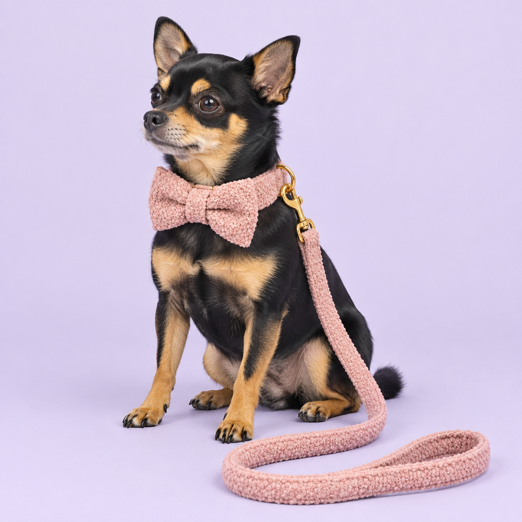 Small Chihuahua in pink teddy-fleece collar and leash