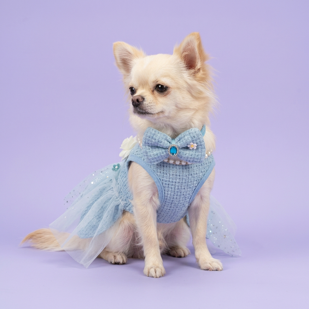 Small Chihuahua wearing the blue dress and collar