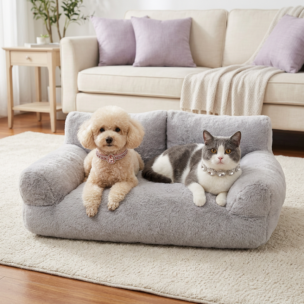 Small dog and cat wearing jeweled collars while sharing the gray pet couch in a cozy living room