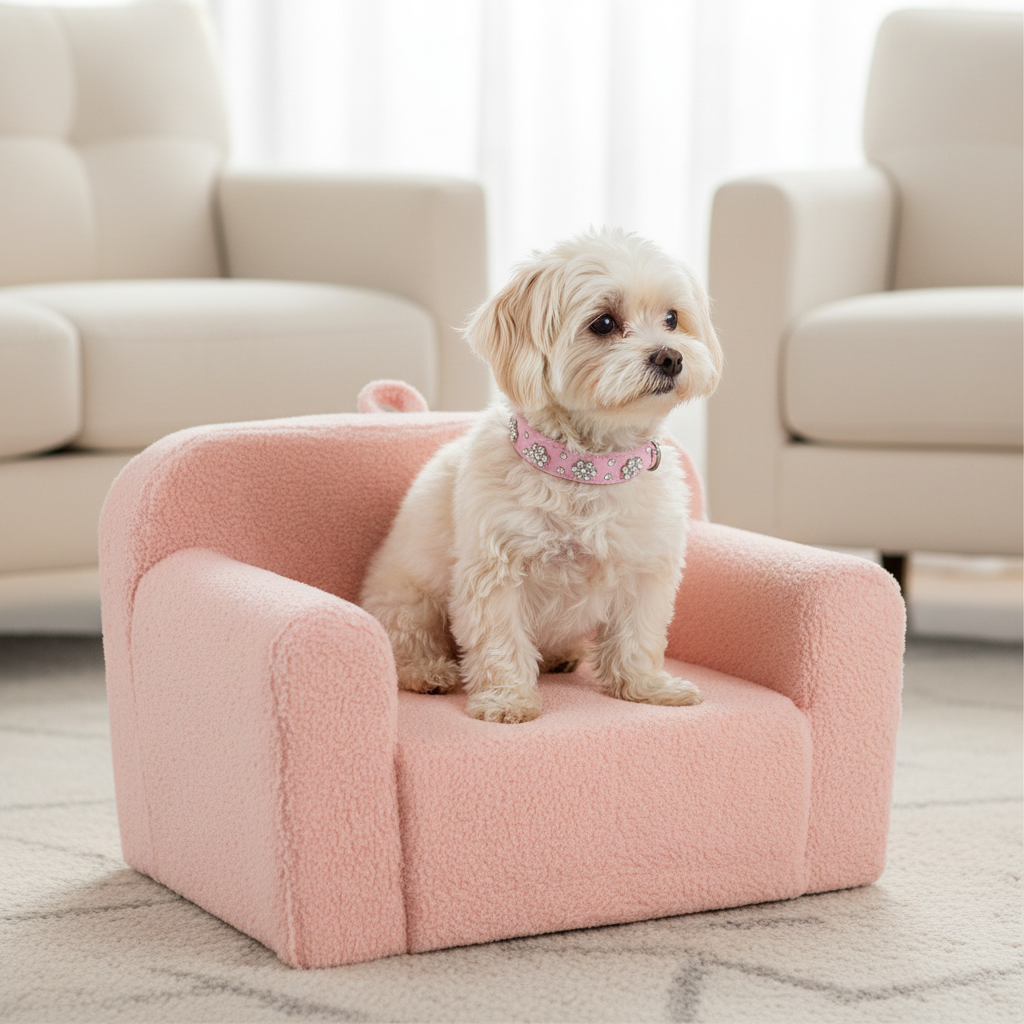 Small dog in chair wearing the pink flower rhinestone collar