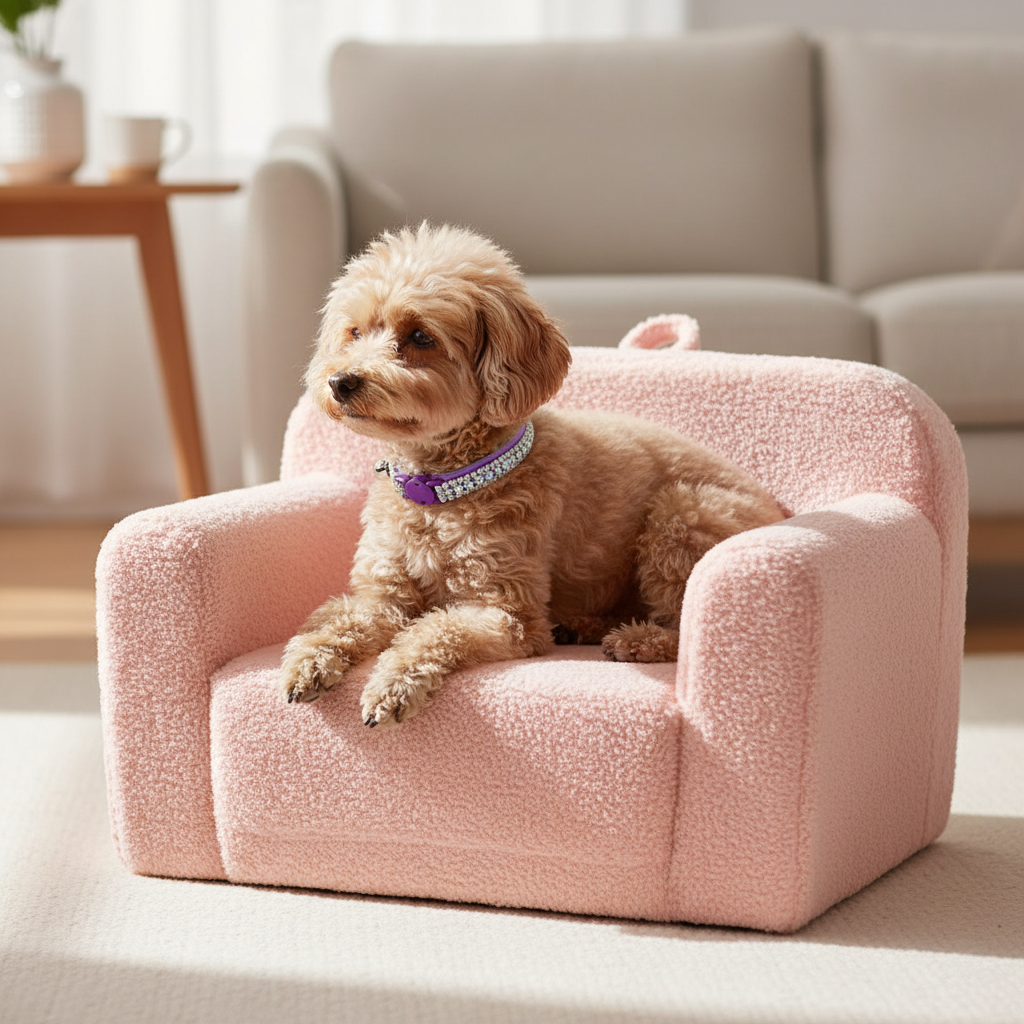 Small dog in chair wearing the purple aurora rhinestone collar