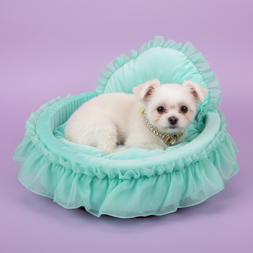 Small white Maltese dog wearing a gold champagne crystal and green gem collar resting in a mint teal velvet heart-shaped ruffle pet bed with matching sheer chiffon ruffle trim, lavender background