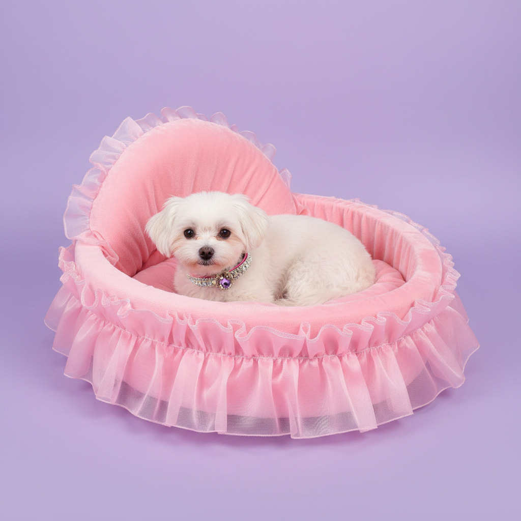 Small white Maltese dog wearing a crystal and purple amethyst gem collar resting in a blush pink velvet heart-shaped ruffle pet bed with matching sheer pink chiffon ruffle trim, lavender background