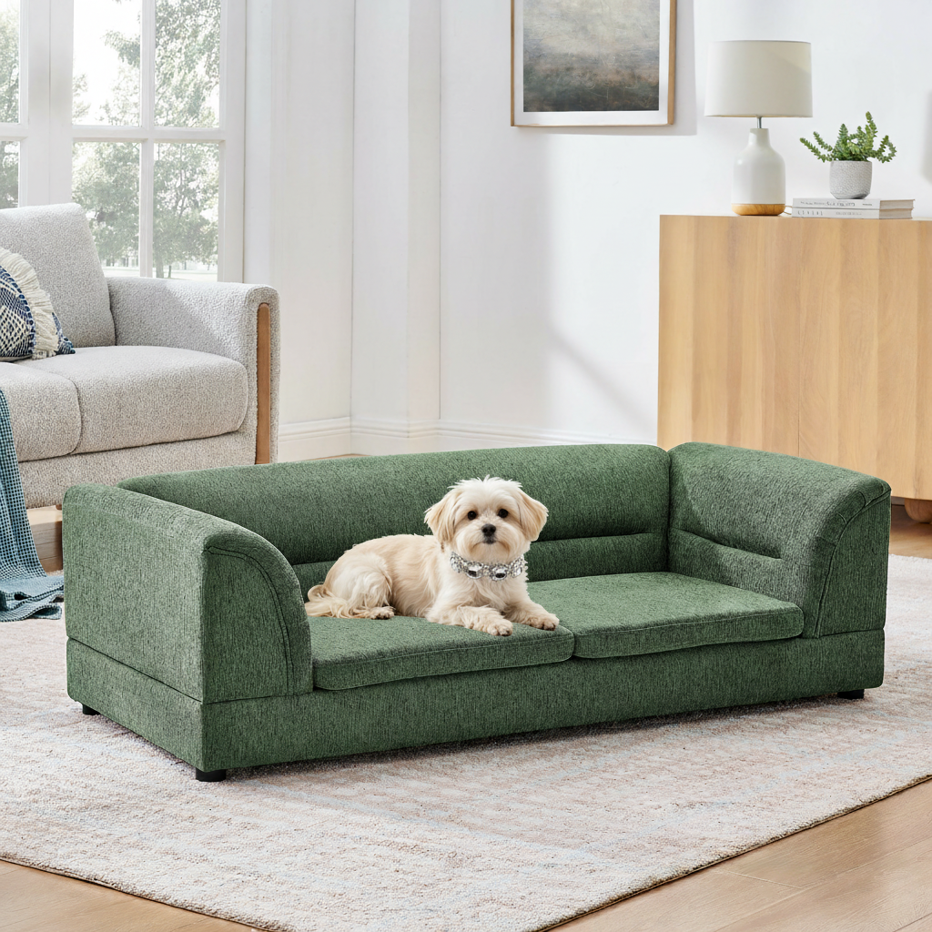 Small dog wearing the jeweled collar on the unchanged couch