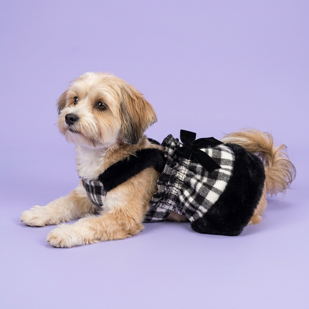 Small Havanese reclining in the plaid dress