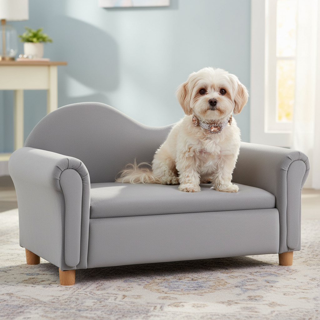 Small Maltese using half of the 33-inch loveseat while wearing the exact cream and rose jeweled collar