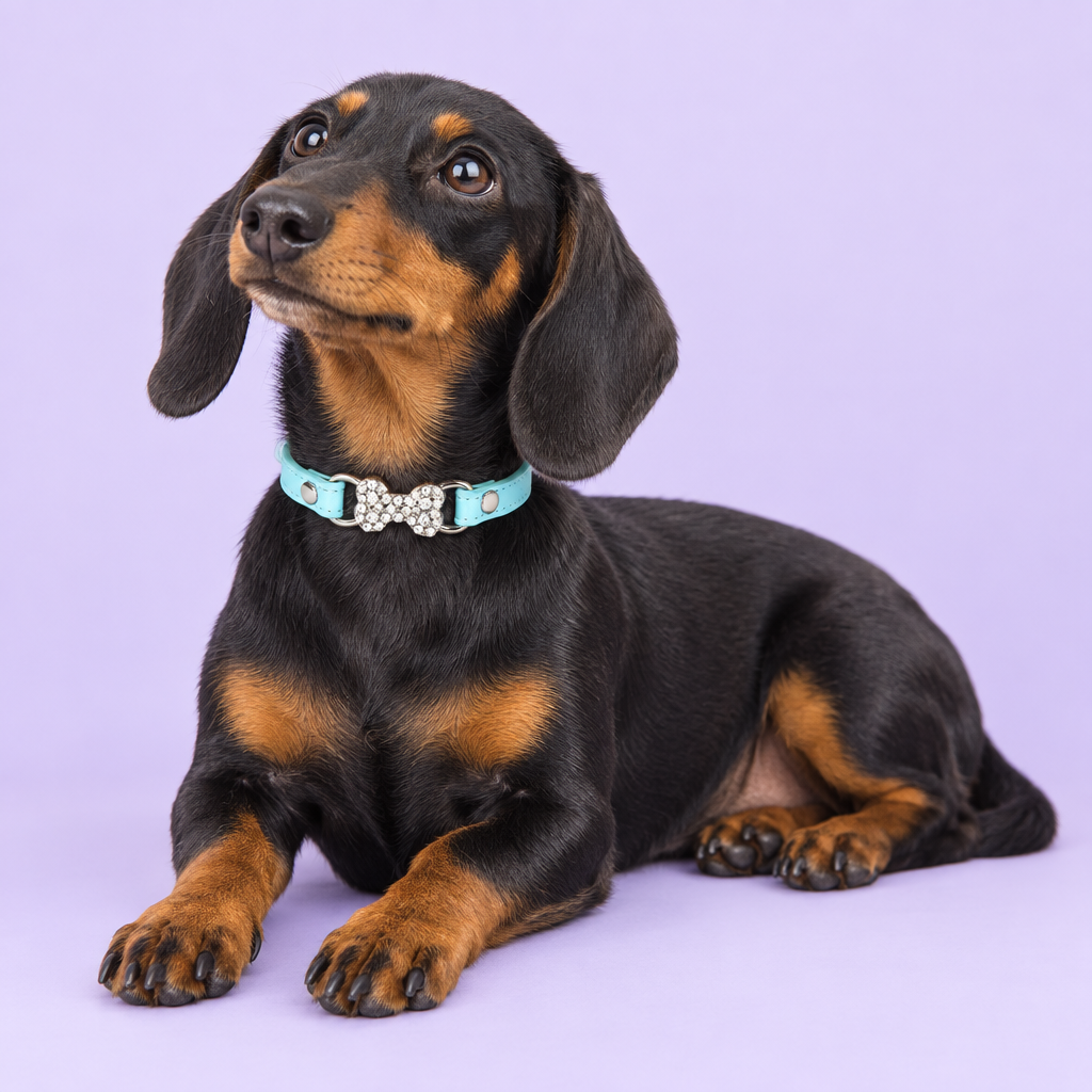 Small miniature dachshund reclining and looking upward