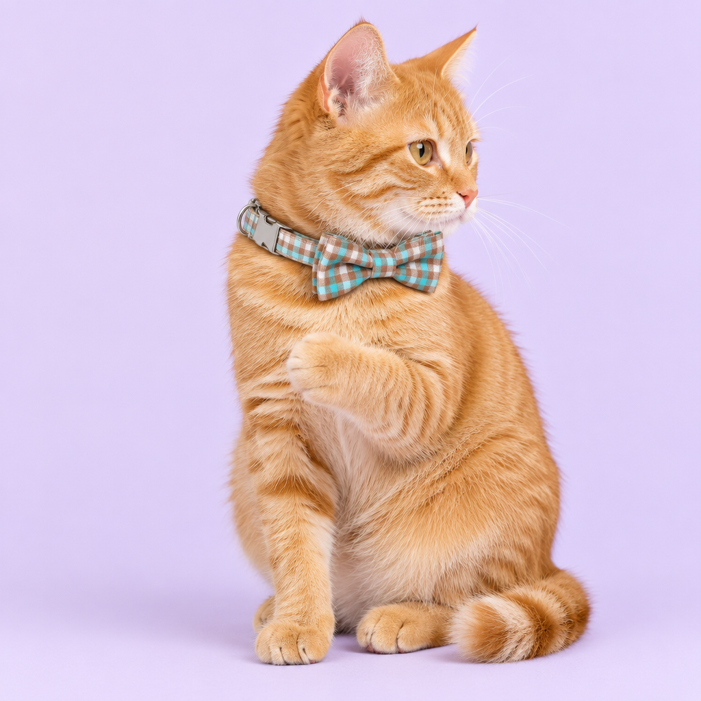Small orange tabby wearing the plaid collar