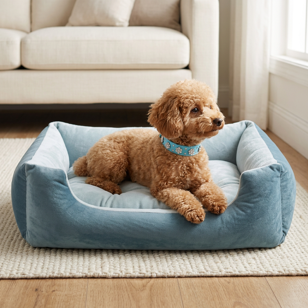 Small poodle on blue bed in a living room