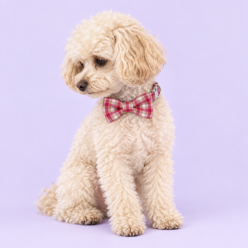 Small poodle wearing the red plaid collar