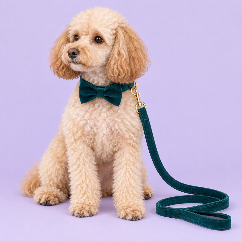 Small Poodle with teal velvet bow collar and leash