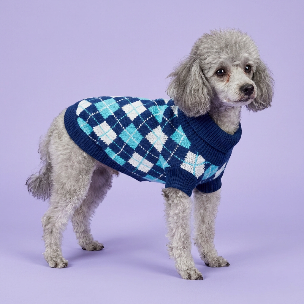 Small silver miniature poodle wearing the navy argyle sweater on lavender