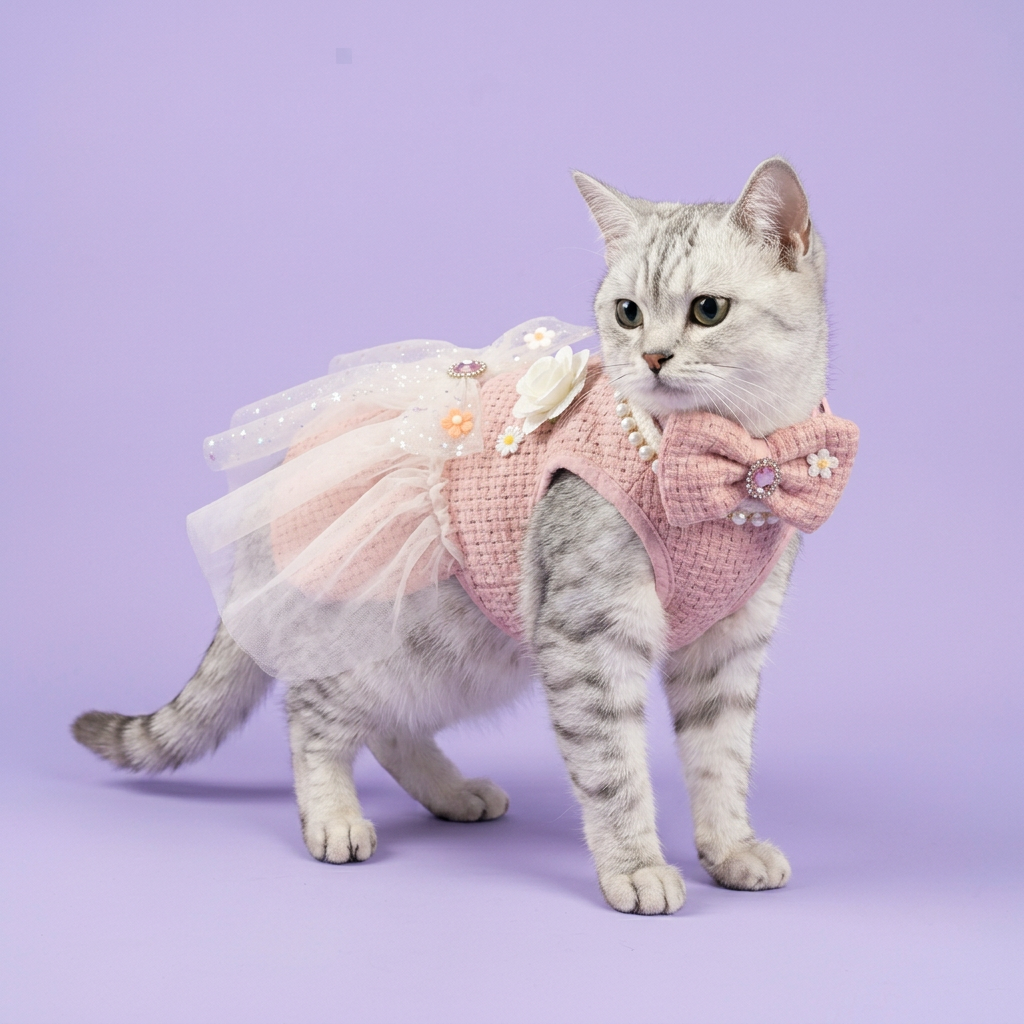 Small silver tabby wearing the pink dress and collar