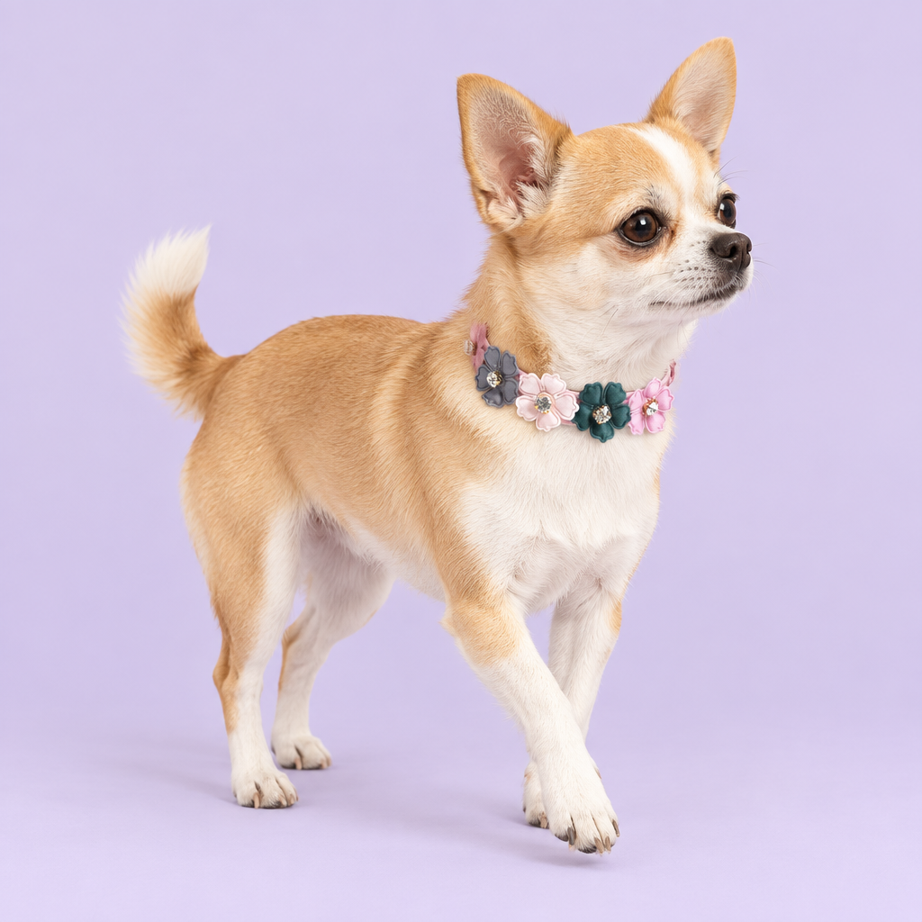 Small tan-and-white dog taking a gentle step