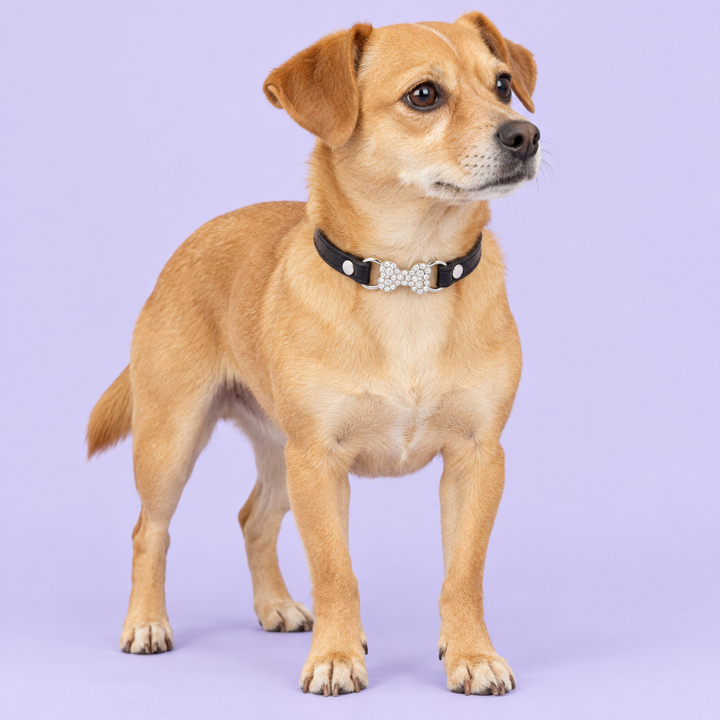 Small tan dog with black collar