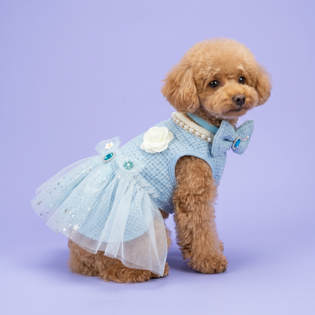 Small toy poodle wearing the blue dress and collar