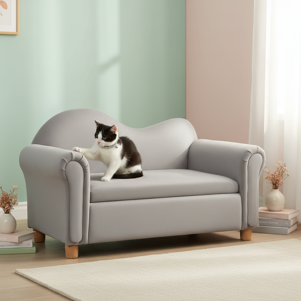 Small tuxedo cat using half of the 33-inch loveseat while wearing the exact black iridescent collar