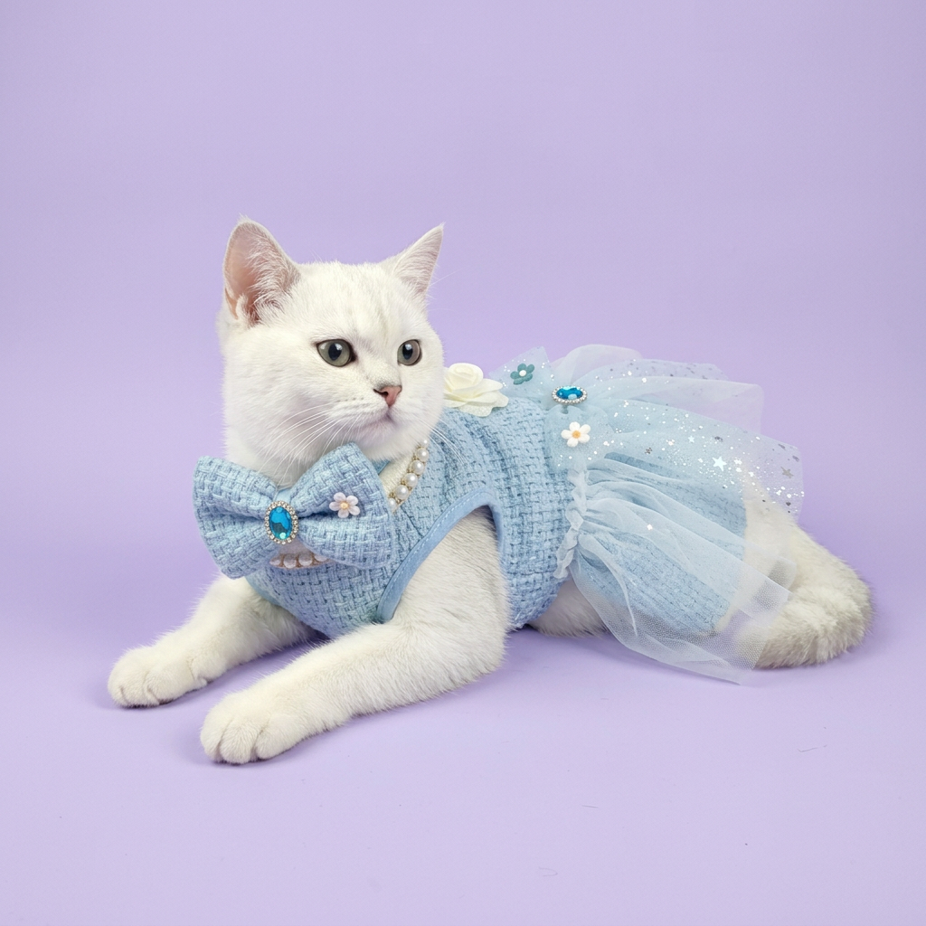 Small white cat wearing the blue dress and collar