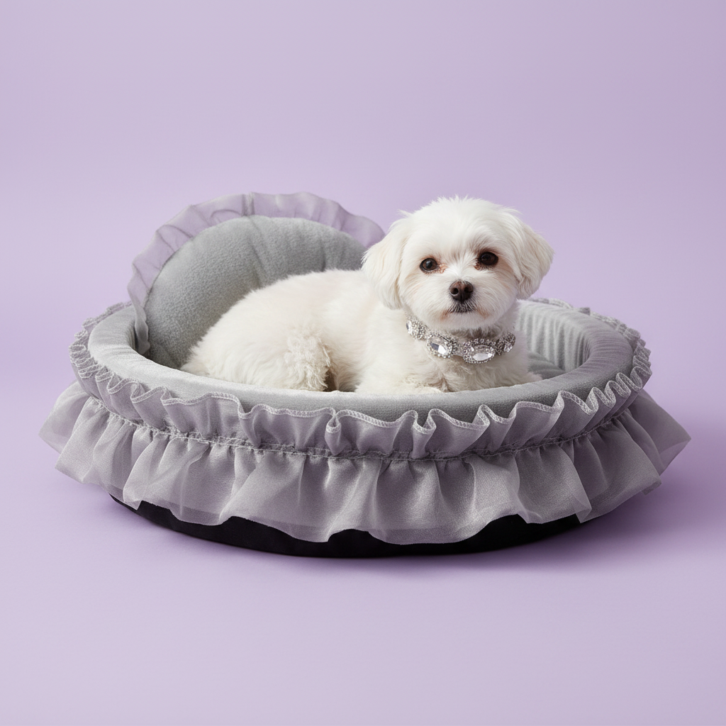 Small white Maltese dog wearing a silver crystal collar resting in a silver grey velvet heart-shaped ruffle pet bed with matching chiffon ruffle trim, lavender background