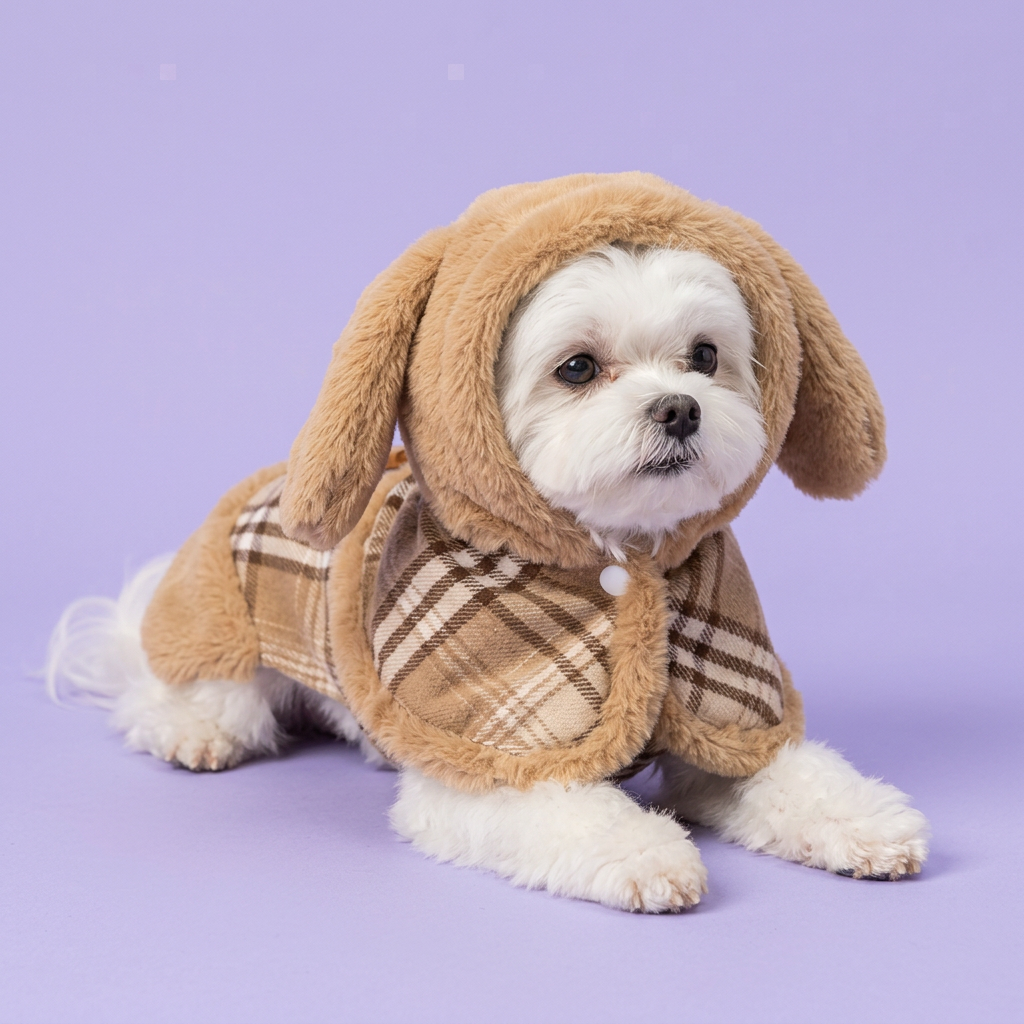 Small white Maltese lounging in the tan plaid outfit